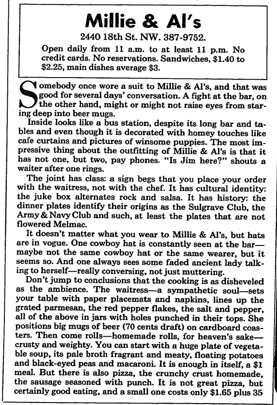 Phyllis Richman's October 29, 1978 Washington Post Magazine review of Millie and Al's.