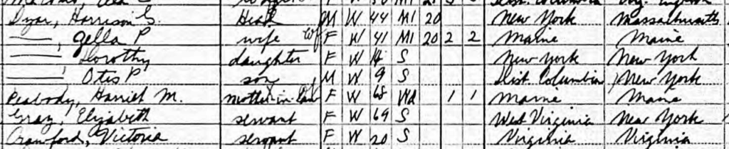 1910 U.S. Census of Harrison G. Dyar and family at 1512 21st St. NW (Ancestry.com)