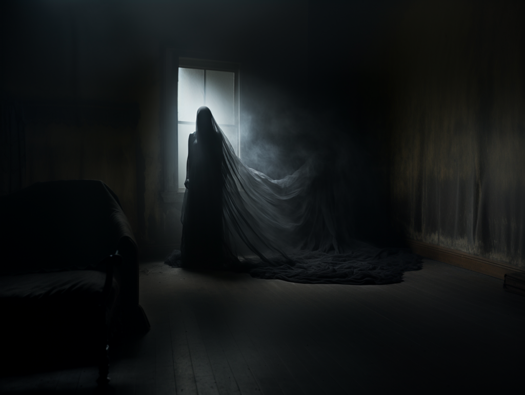 Ghostly woman in a black gown with a black veil