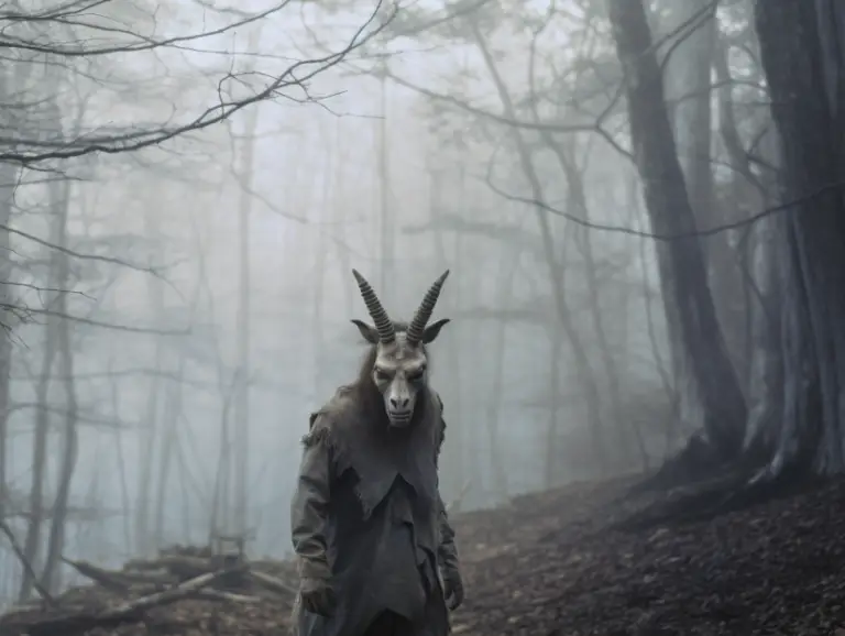 Scary photo of Maryland Goatman in the woods (Midjourney AI)