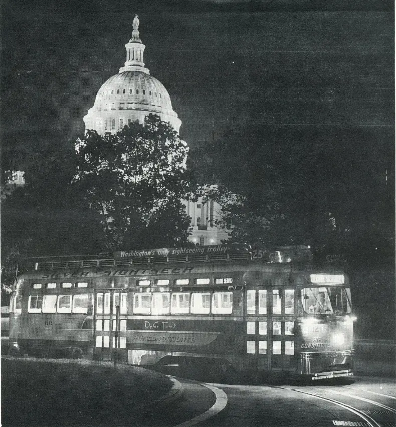 The Silver Sightseer (DCTS 1512) had air conditioning, fluorescent lighting, high back seats, and an onboard hostess to describe the city’s sights! NCTM Collections. Source: National Capital Trolley Museum