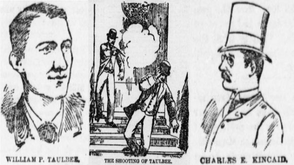 A series of black and white illustrations featuring portraits of William Taulbee and Charles Kincaid, accompanied by a vivid illustration of the moment Kincaid shot Taulbee, capturing a pivotal event in their tragic confrontation.