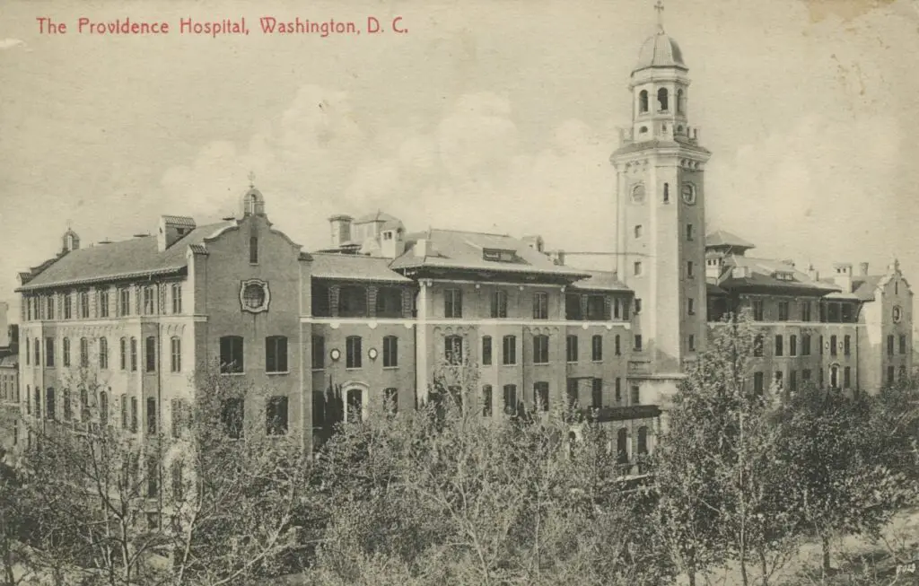 Vintage photograph of Providence Hospital in Washington DC from around 1904, showcasing the architecture and healthcare facilities of the early 20th century.