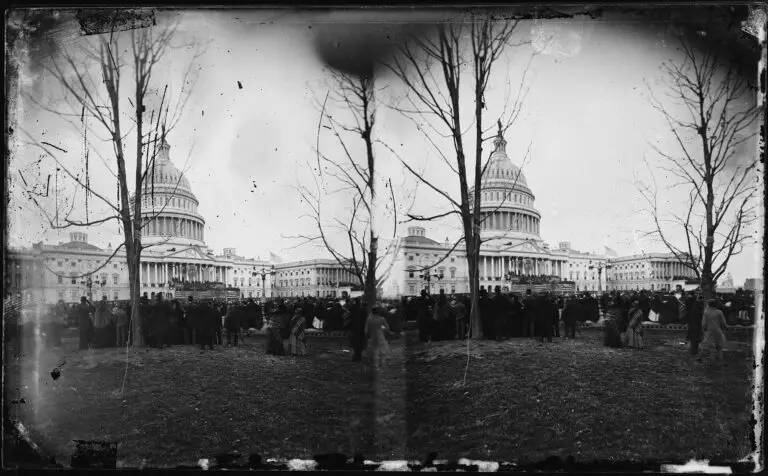 A stereograph image showcasing the inauguration ceremony of Rutherford B. Hayes, marking the beginning of his presidency in the United States.