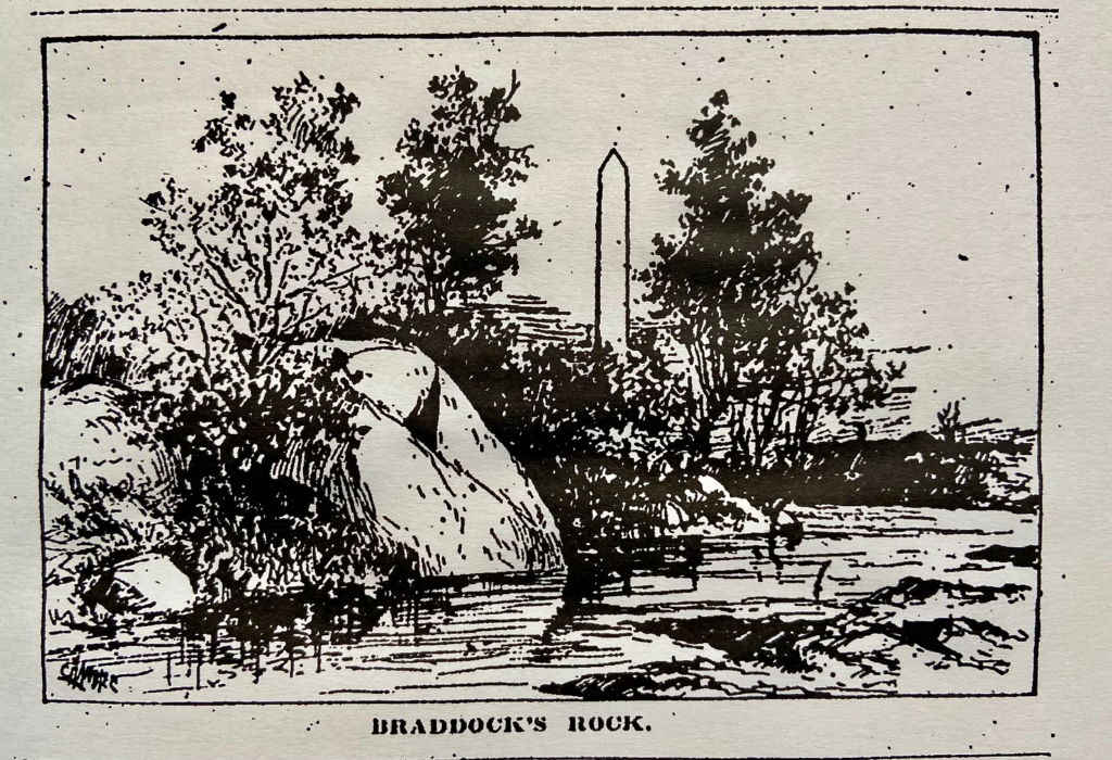 A 1896 pen and ink illustration shows Braddock's Rock as a tall, rugged boulder formation jutting out from the wooded Potomac riverbank. The intricate drawing details the rocky outcrop's craggy surface and crevices. Foliage dots the ground, while smoke rises faintly behind the rock toward several small sailing vessels floating downstream.