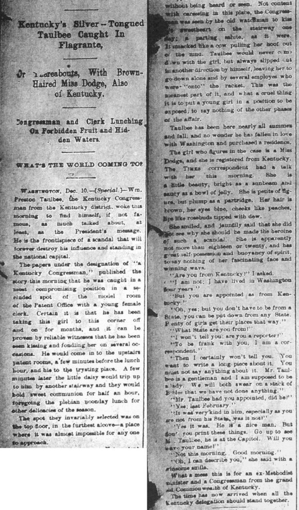 A historical newspaper clipping from the Louisville Times, dated December 10, 1897, featuring Charles Kincaid's exposé on William Preston Taulbee, labeling him a philanderer and predicting the ruin of his influence in Washington D.C.