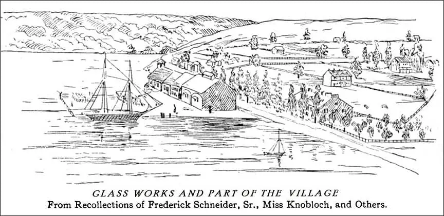 An historic drawing depicting the view west towards Arlington, Virginia, with the glass works in the foreground as seen from the perspective of the current Washington Mall. A schooner is illustrated on the left side of the image, indicating the future location of the Lincoln Memorial.