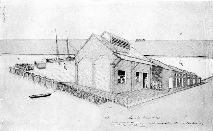 1835 drawing of the Washington City Glass Works with a view towards the Potomac River, showcasing the early structure of what is now known as the Robert E. Lee Mansion in Arlington Cemetery, visible as small buildings on a hill to the right of the main roof. Originally the Custis Mansion, related to Martha Washington's family, in 1810.