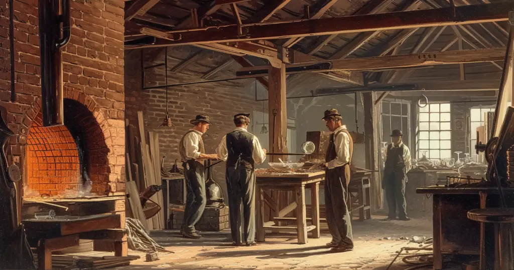 AI-generated rendering of an early 19th-century glassworks interior with four workers, featuring a glowing furnace, period work attire, and a traditionally equipped workshop illuminated by natural light from large windows.