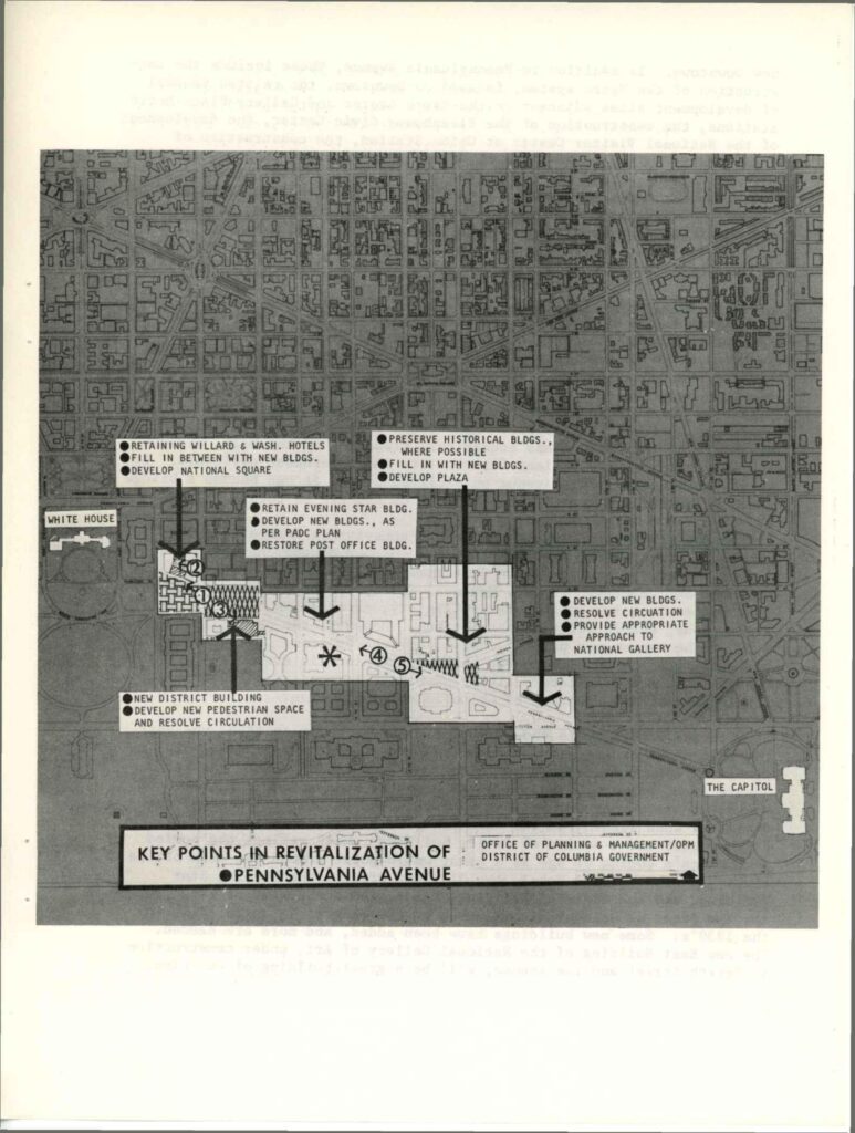 An image detailing the key revitalization points for Pennsylvania Avenue, highlighting proposed changes like preserving historic buildings, enhancing transportation, and integrating new economic opportunities for a vibrant urban space.