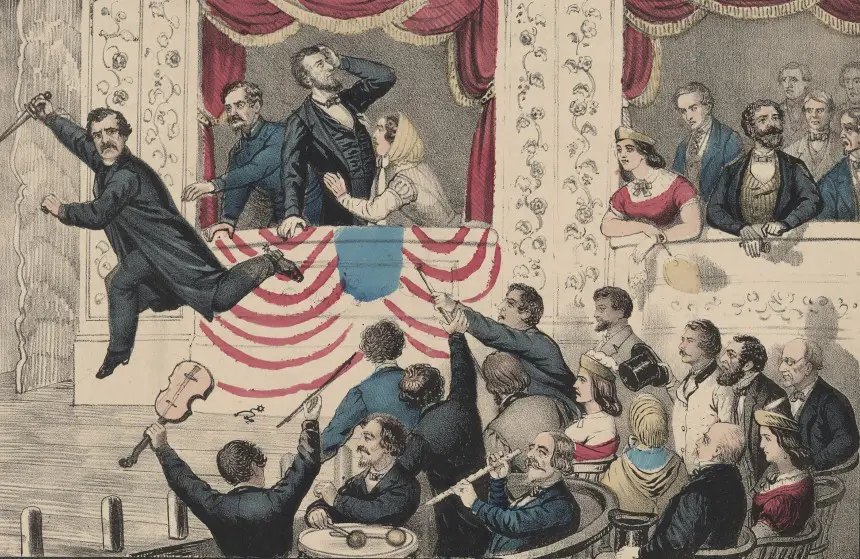 A 19th-century colored illustration depicting John Wilkes Booth leaping from the presidential box to the stage of Ford's Theatre after assassinating President Abraham Lincoln. The American flag is draped over the balcony's edge, and the audience is depicted in various states of shock and chaos.