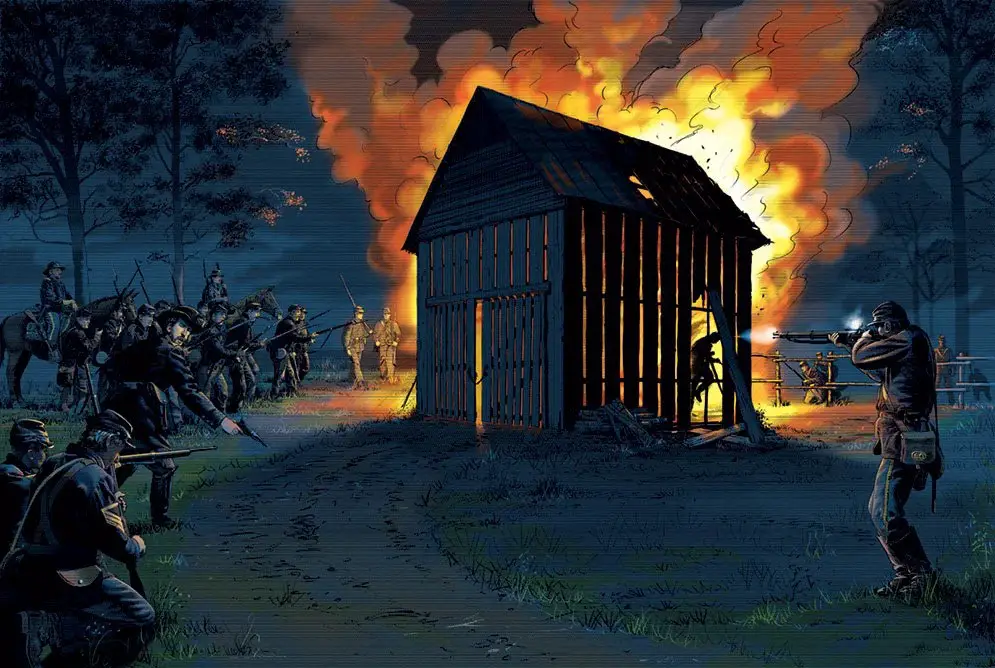 On April 26, 1865, soldiers had John Wilkes Booth cornered in a burning barn near Port Royal, Virginia, before Boston Corbett shot him. Illustration by Roy Knipe