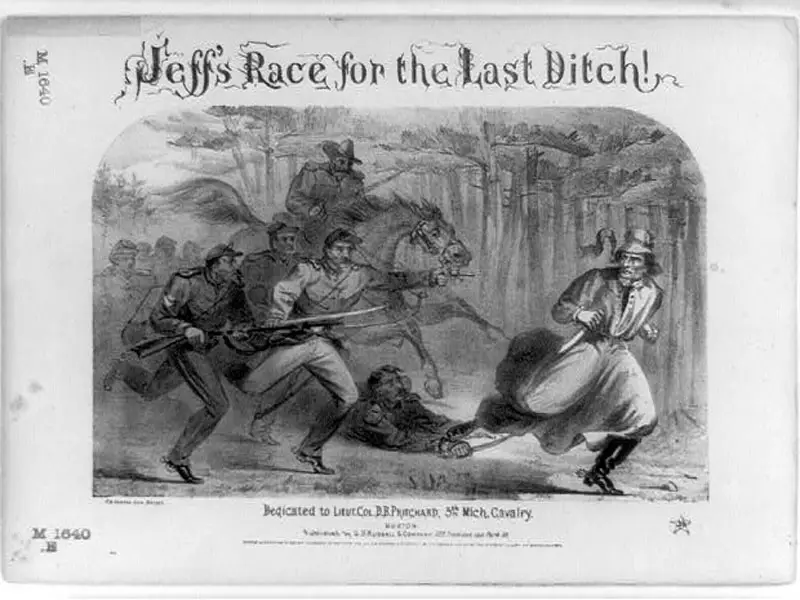 Confederate president Jefferson Davis tried to flee as Union soldiers surrounded his camp in Irwinville on May 10, 1865. He had thrown his wife's raglan, or overcoat, on his shoulders, which led to the persistent rumor that he attempted to flee in women's clothes.