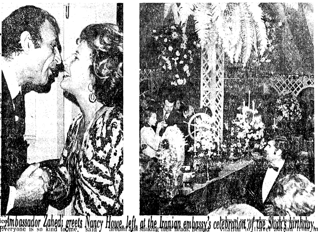 Ambassador Ardeshir Zahedi greets guests at the Iranian embassy celebration of the Shah's birthday, October 1975