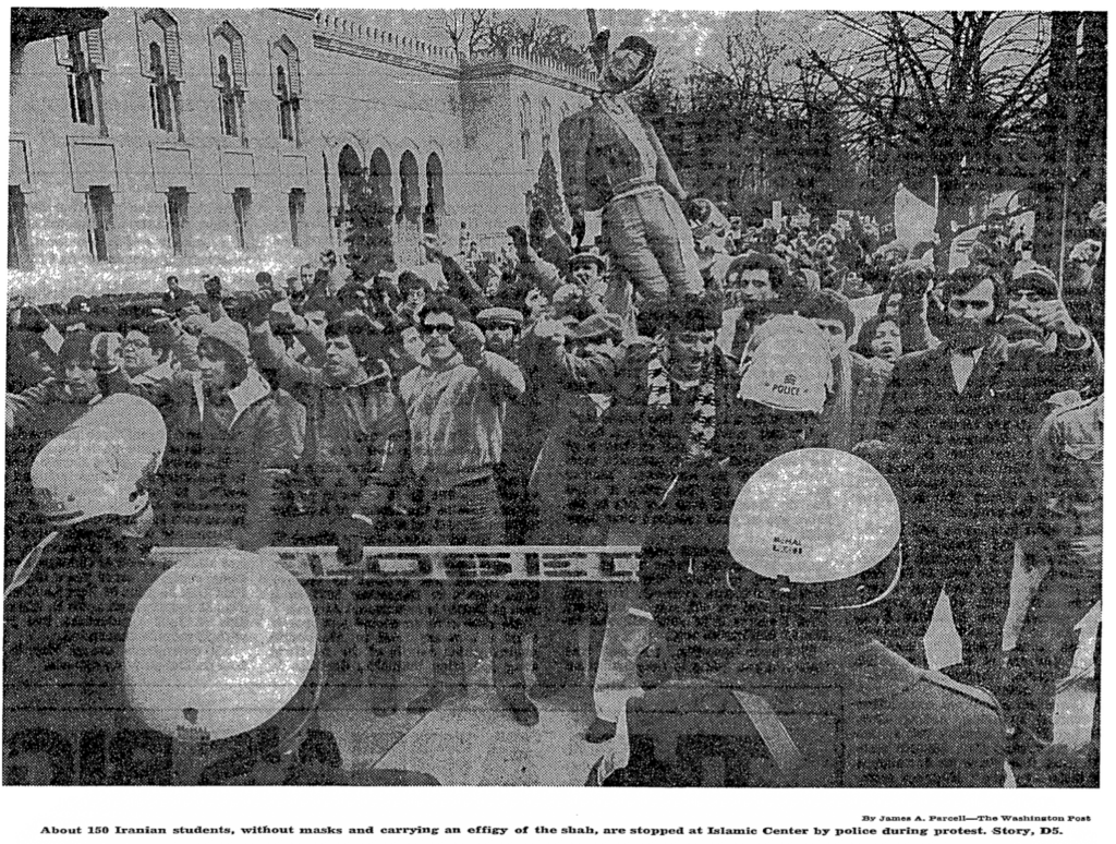 Iranian student protesters march without masks for the first time, confronted by helmeted police, Washington DC, January 1979