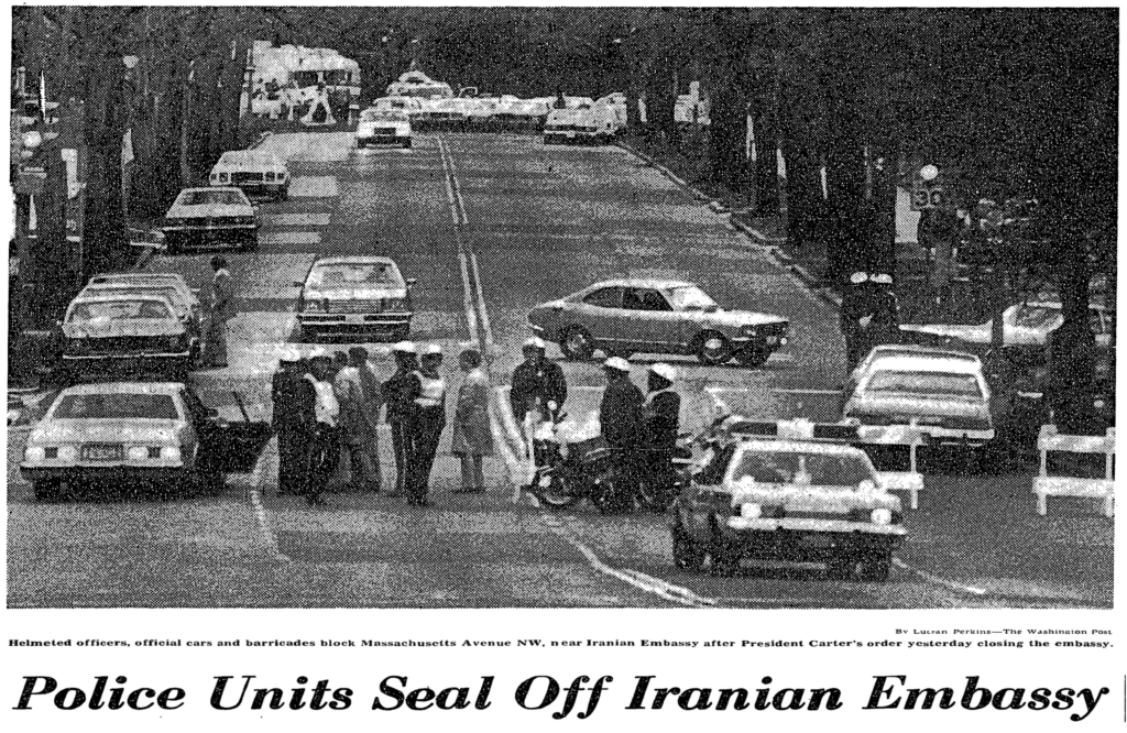 Helmeted police and barricades blocking Massachusetts Avenue near the Iranian Embassy, April 1980