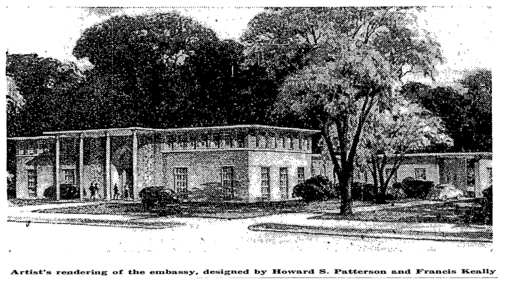 Architect's rendering of the new Iranian Embassy chancery designed by Howard S. Patterson and Francis Keally, 1958