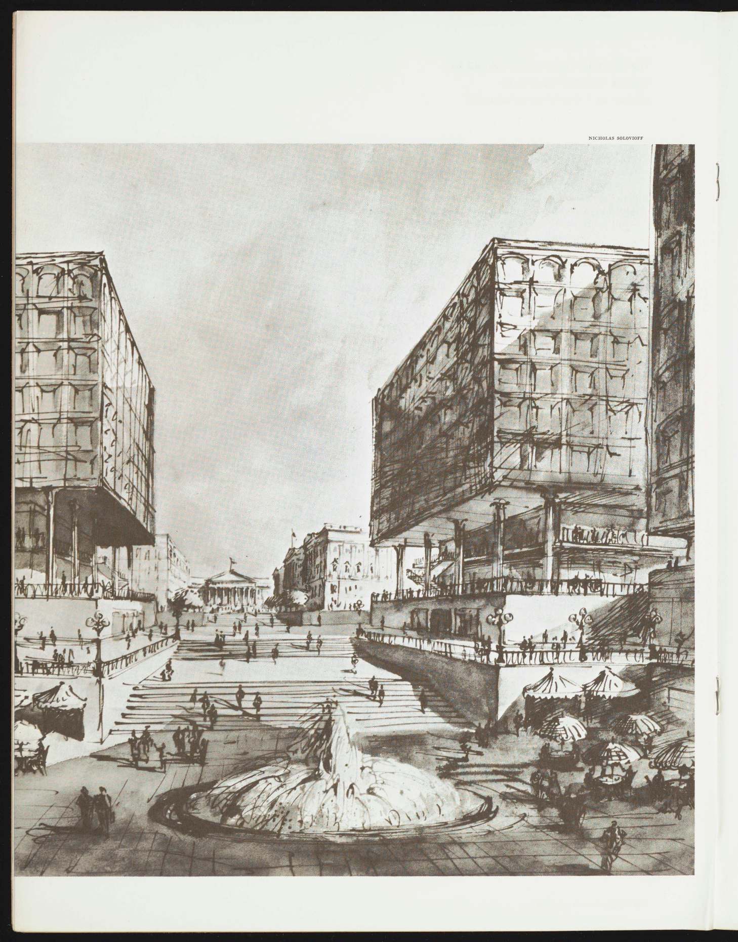 Nicholas Solovioff rendering of the proposed cross axis at the National Archives showing arcaded buildings and a fountain