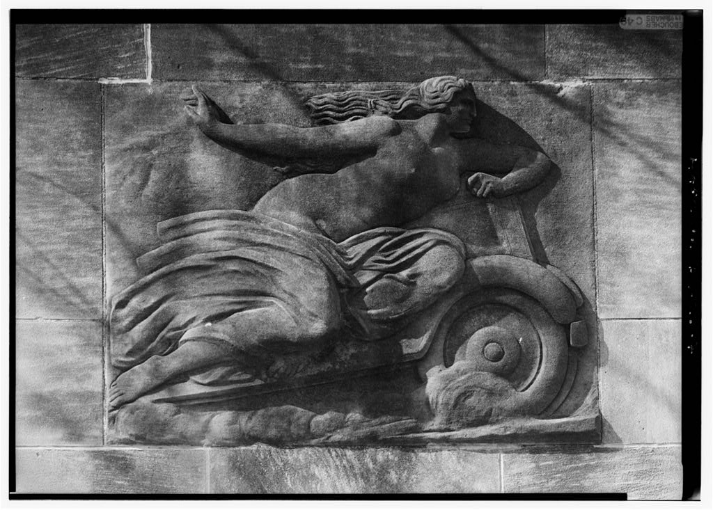 Detail of Leon Hermant's allegorical automobile relief sculpture on the Calvert Street Bridge