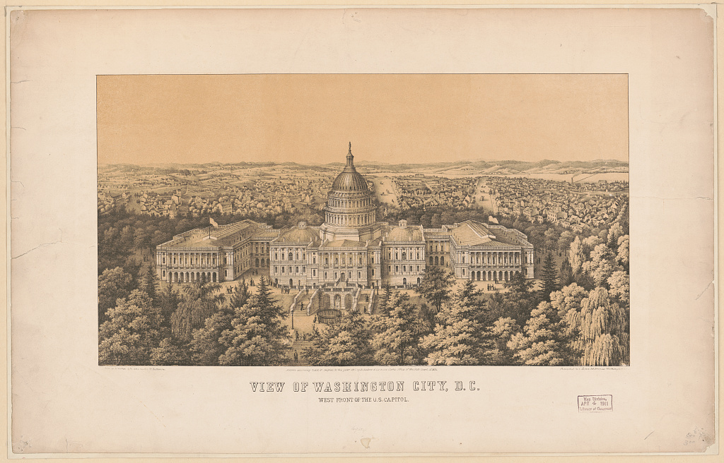 The U.S. Capitol from the west in 1867, lithograph by E. Sachse & Co.