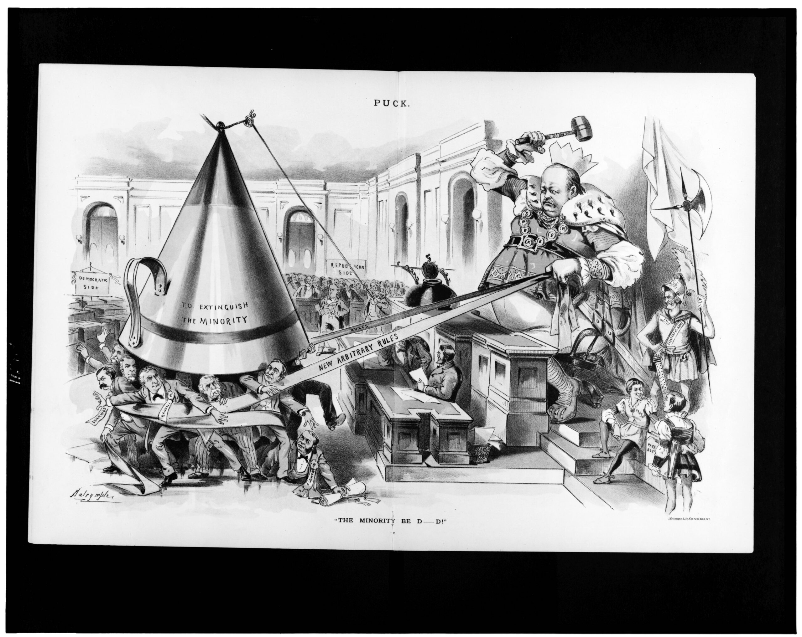 1890 Puck magazine cartoon showing Speaker Reed controlling Congress with ribbons labeled rules