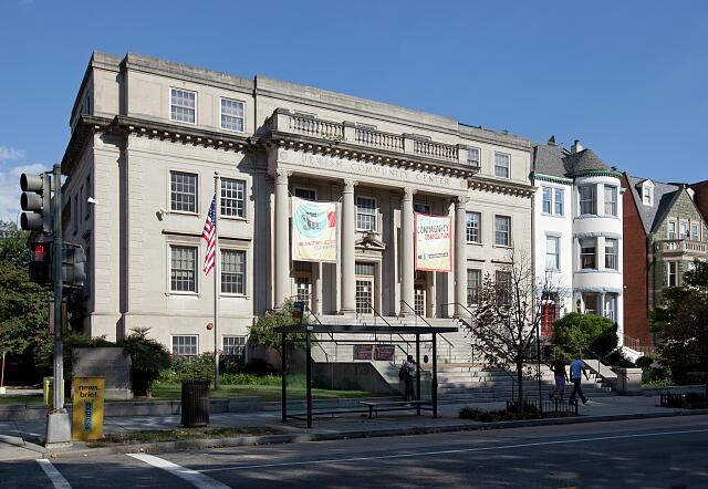 Color photograph of the Edlavitch DCJCC at 1529 16th Street NW, a neoclassical stone building with tall arched windows
