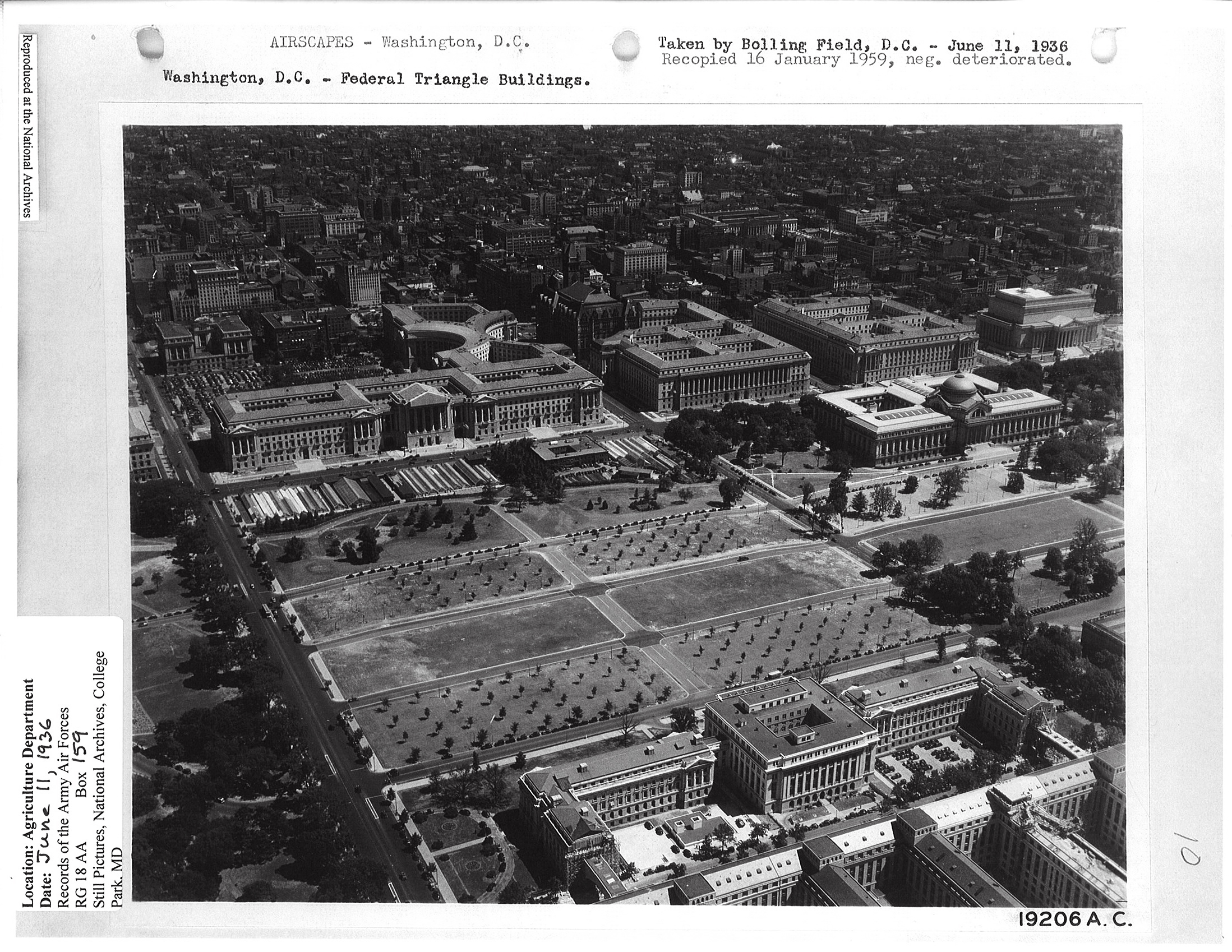 The Federal Triangle complex of federal buildings as photographed in June 1936, standing on the site of the former Southern Railway Building and other demolished properties