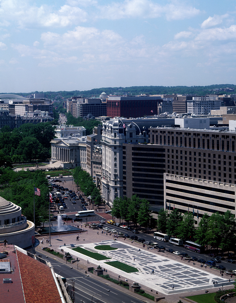 Aerial view of Freedom Plaza on Pennsylvania Avenue showing the inlaid LEnfant Plan in the pavement