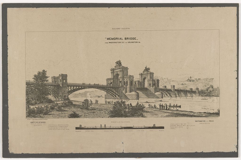 1887 rendering of the Grant Memorial Bridge showing the full profile and elevation of the proposed medieval-style bridge across the Potomac