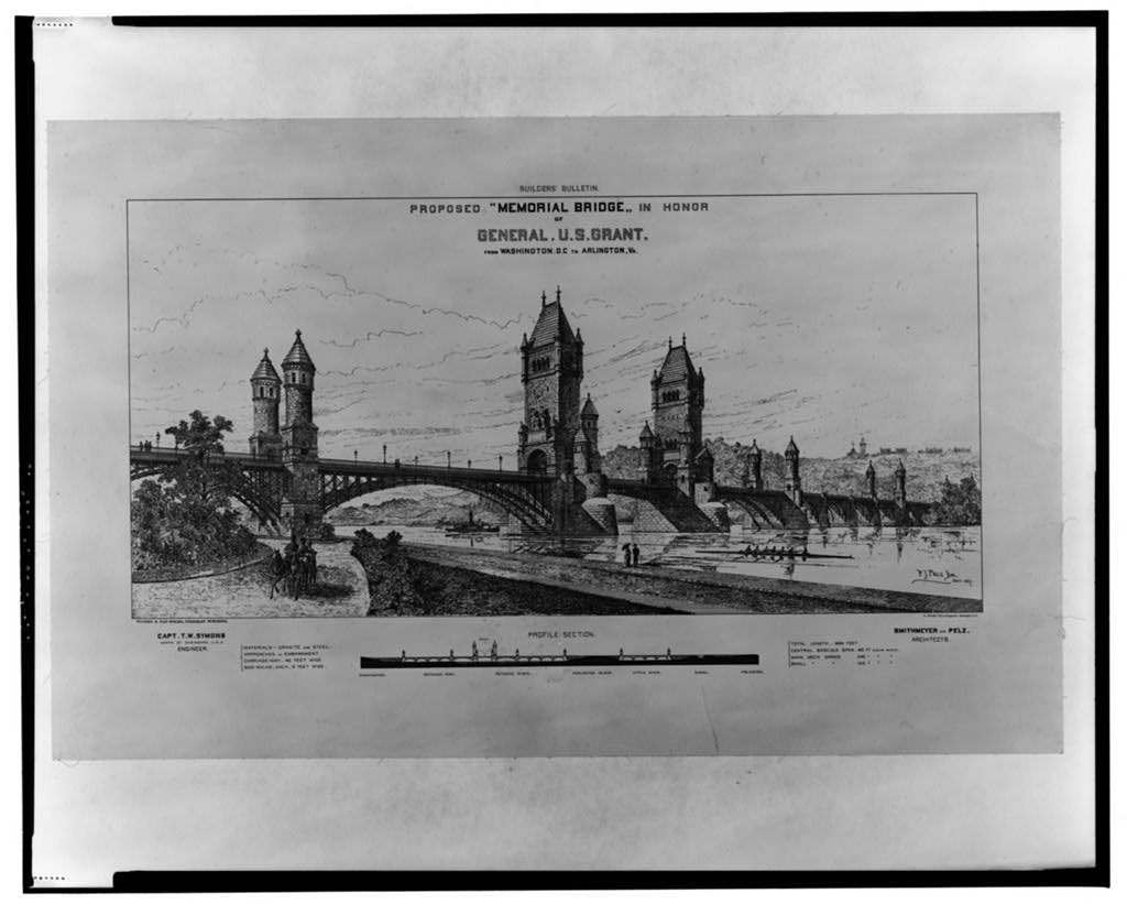 1887 rendering of the proposed Grant Memorial Bridge across the Potomac, showing a medieval structure with towers and turrets
