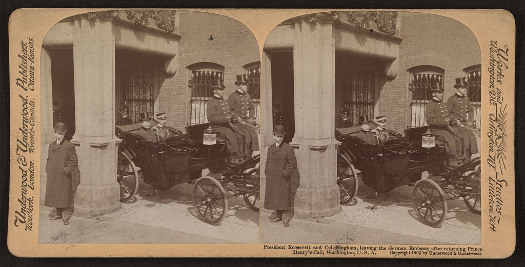 Stereograph showing President Theodore Roosevelt and Colonel Bingham leaving the German Embassy in Washington after returning Prince Henry of Prussia's official call, 1902.