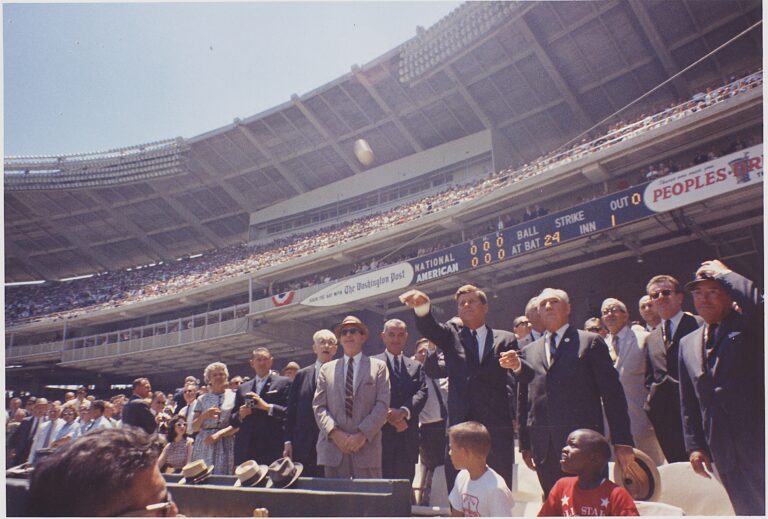 President Kennedy in mid-throw, first pitch of the 1962 All-Star Game at D.C. Stadium.