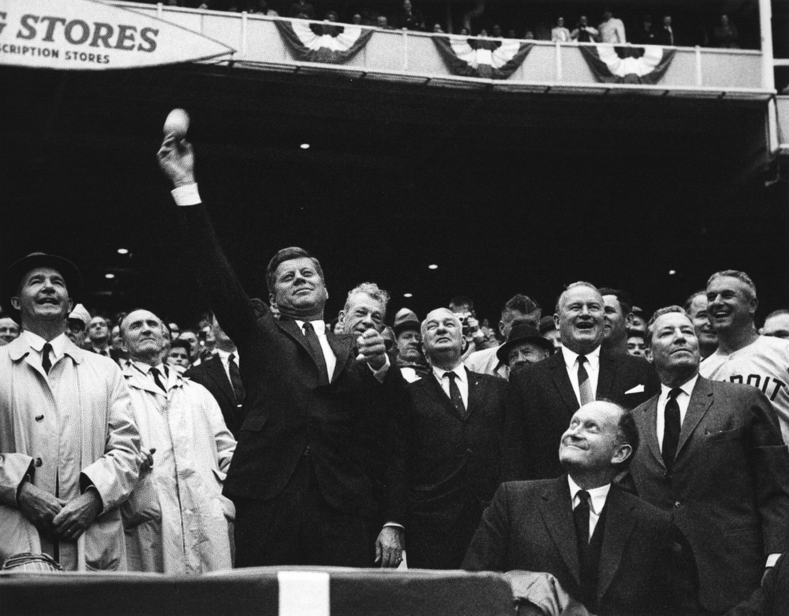 Kennedy winding up for the first pitch on Opening Day at the new D.C. Stadium.