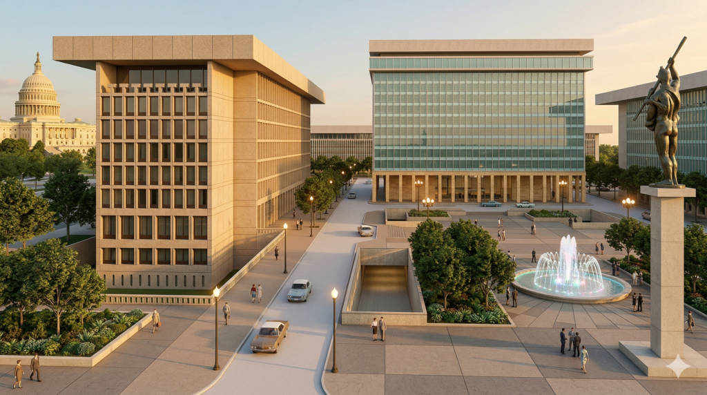 Early 1962 vision of L'Enfant plaza (AI-generated by Nano Banana)