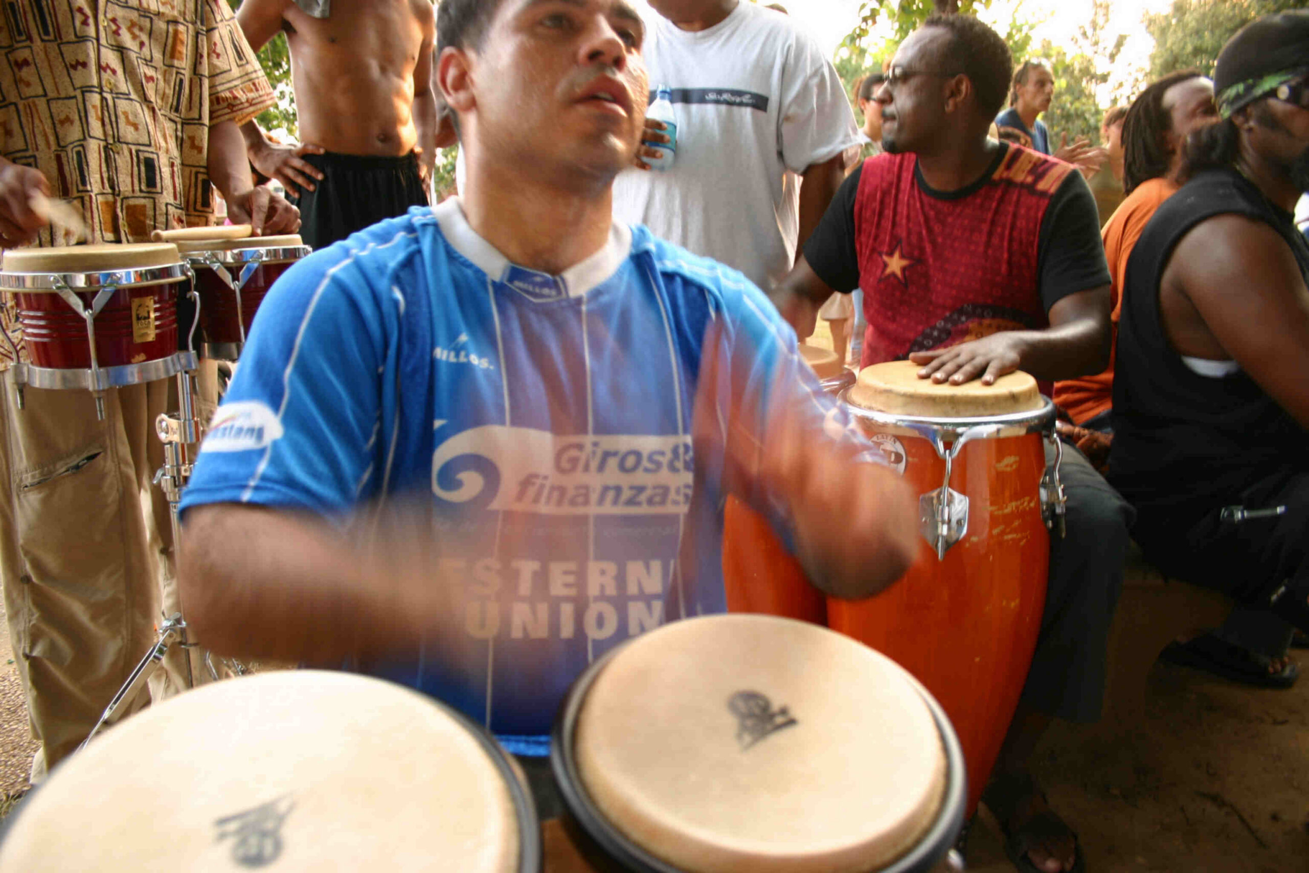 Drummers in the upper terrace of Meridian Hill Park during a Sunday afternoon drum circle