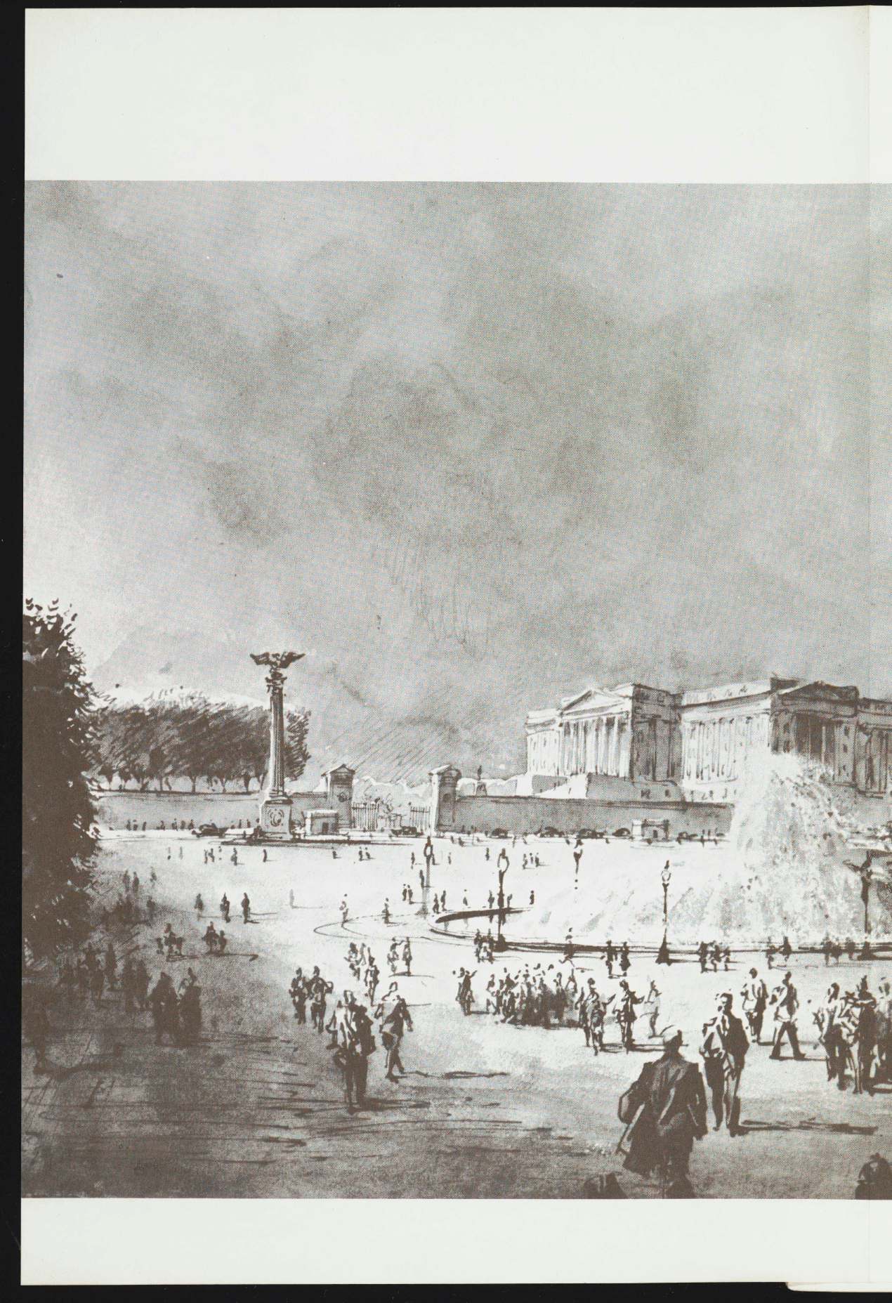 Nicholas Solovioff 1964 rendering of the proposed National Square showing crowds the Treasury and a monumental White House gate