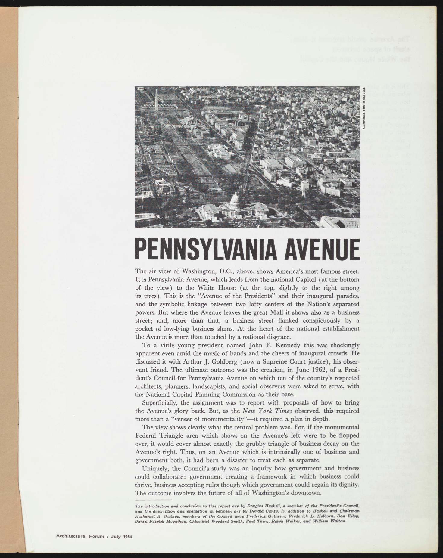 Aerial view of Pennsylvania Avenue in Washington DC in 1964 showing Federal Triangle and the deteriorated commercial north side