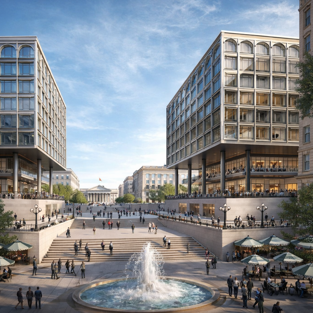 Photorealistic rendering of a proposed 1964 Pennsylvania Avenue redesign in Washington, D.C., showing a stepped public plaza with a central fountain, pedestrians, and two elevated modern office buildings framing a view toward a neoclassical federal building.