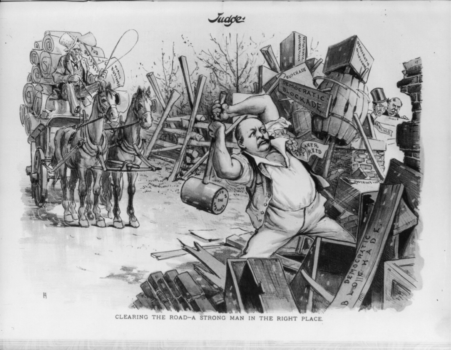 Political cartoon from Judge magazine showing Speaker Reed clearing the road by smashing the disappearing quorum and Democratic blockade, February 1890