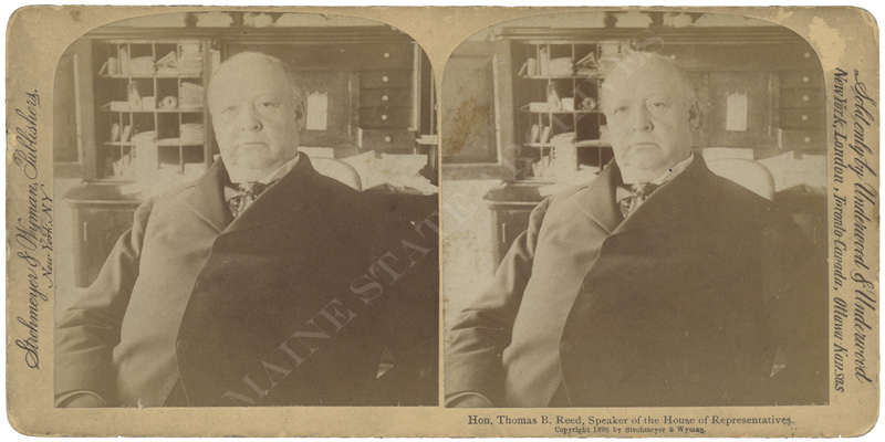 Stereoview photograph of Thomas B. Reed seated in the Speaker's rooms at the U.S. Capitol, 1898