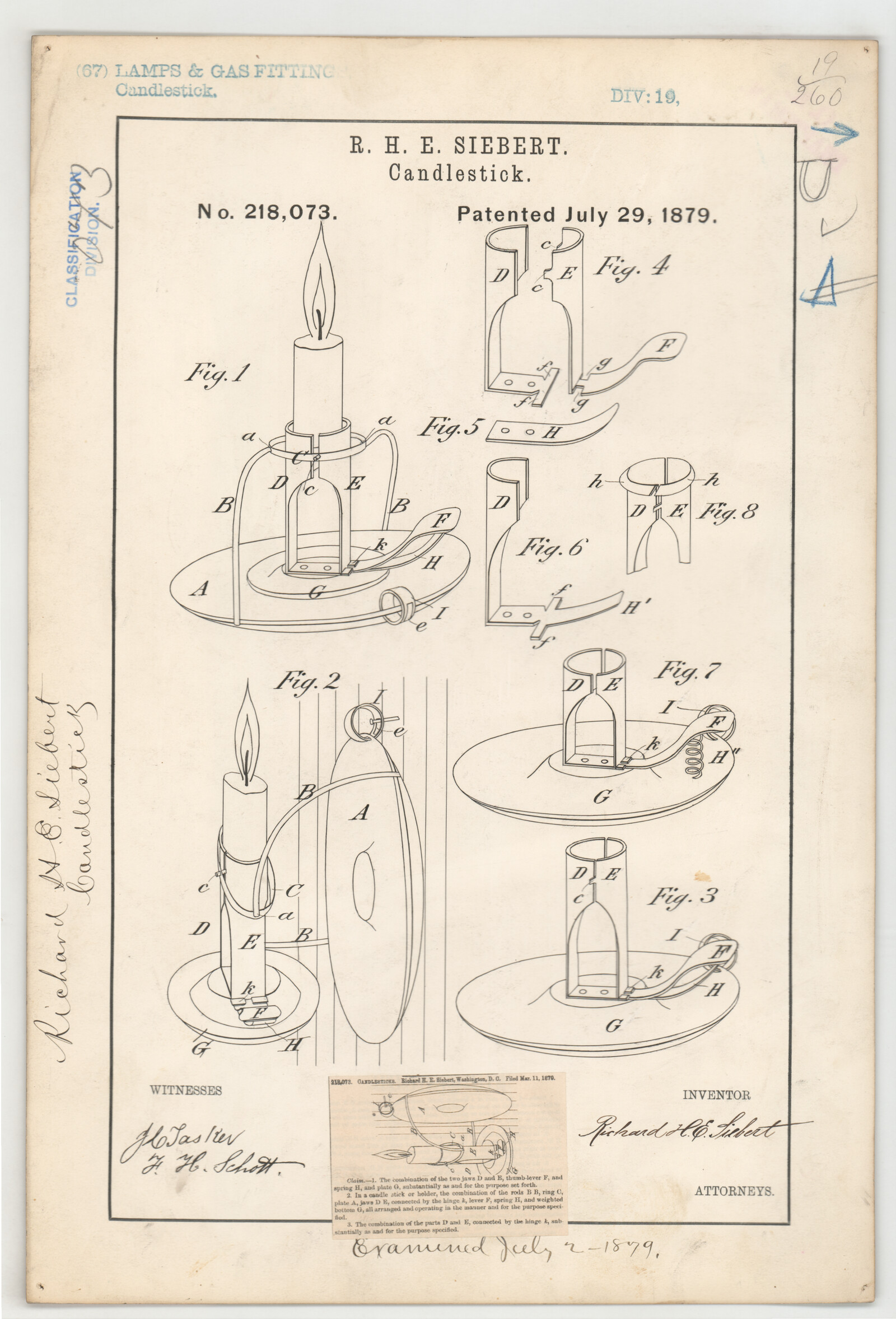 Richard Hermann Emanuel Siebert's 1879 candlestick patent, U.S. Patent No. 218,073