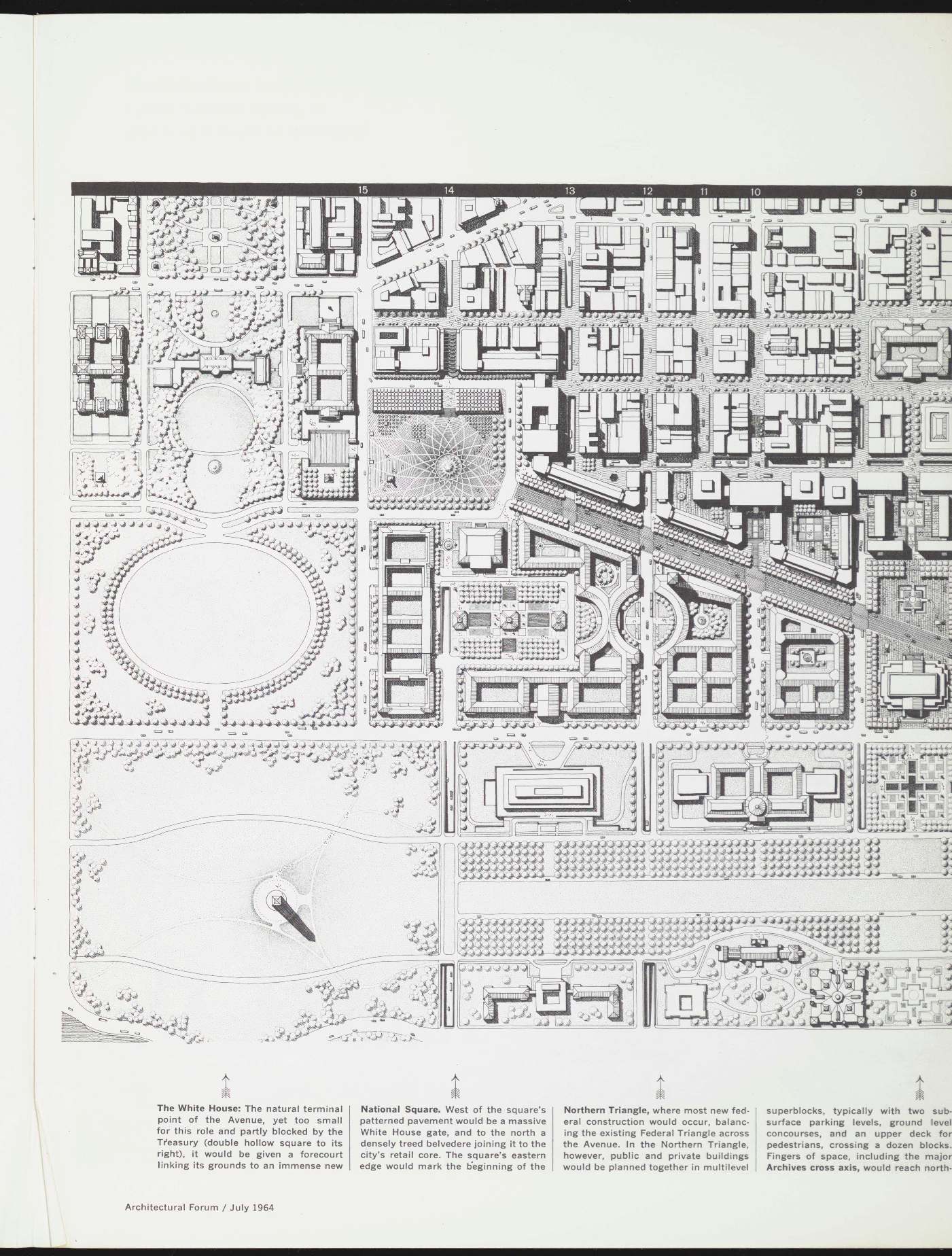 Top-down photograph of the 1964 architectural scale model of the proposed Pennsylvania Avenue plan