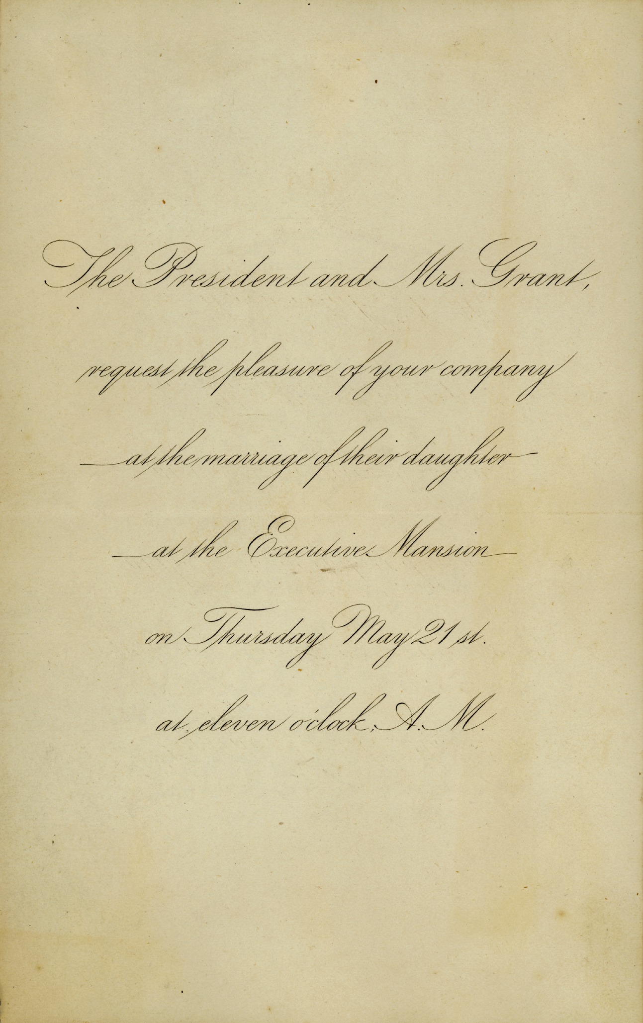 Engraved invitation to the wedding of Nellie Grant and Algernon Sartoris May 21 1874