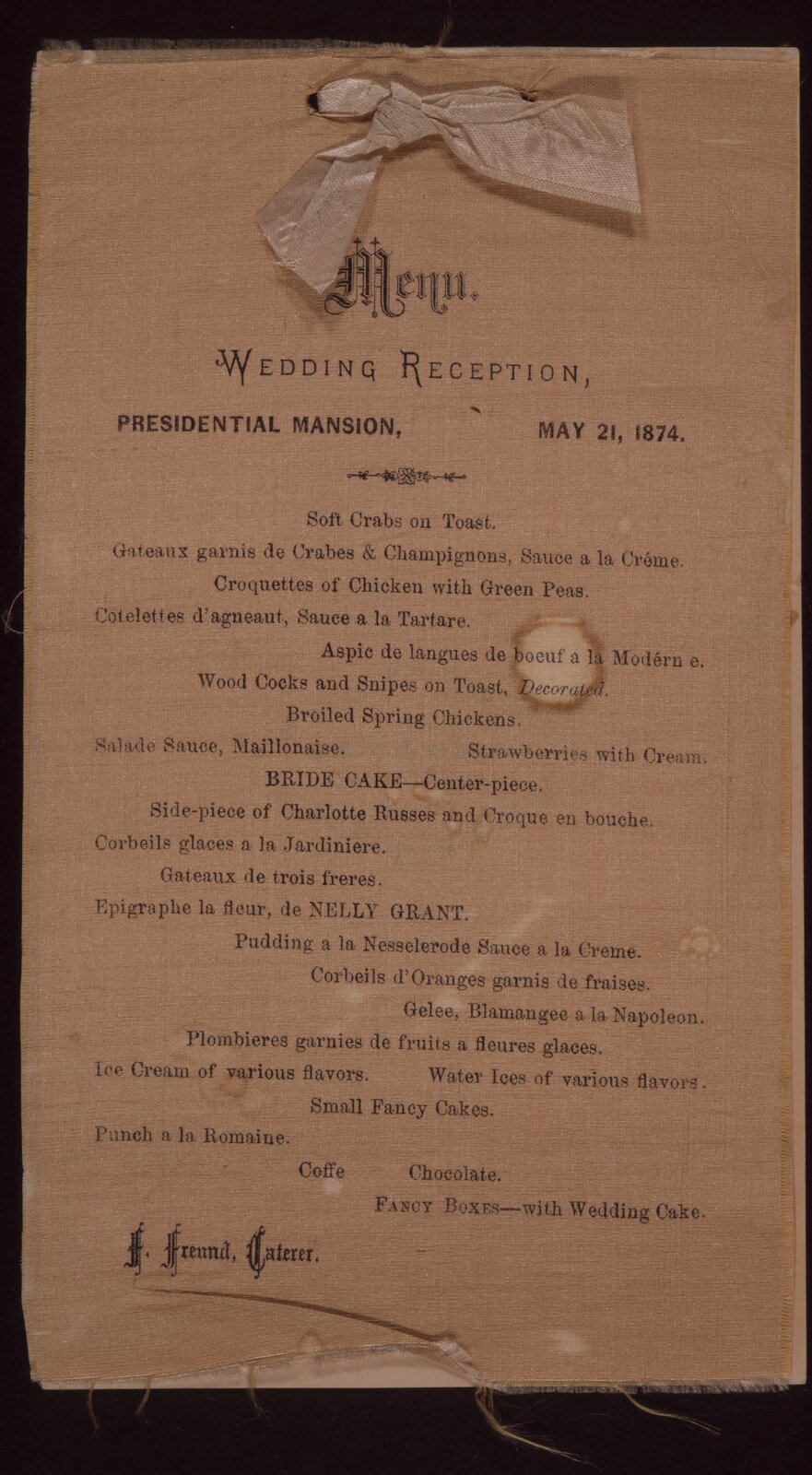 Menu card from the wedding dinner of Nellie Grant and Algernon Sartoris 1874