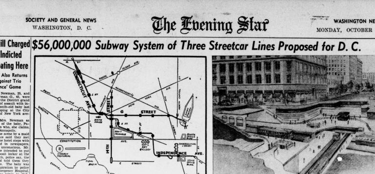 Front page B-1 of the Evening Star, October 23, 1944, showing the proposed $56 million Washington streetcar subway, route map, and artist rendering