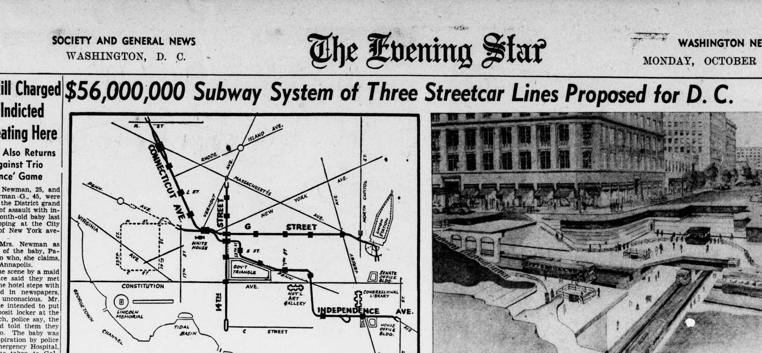 Front page B-1 of the Evening Star, October 23, 1944, showing the proposed $56 million Washington streetcar subway, route map, and artist rendering