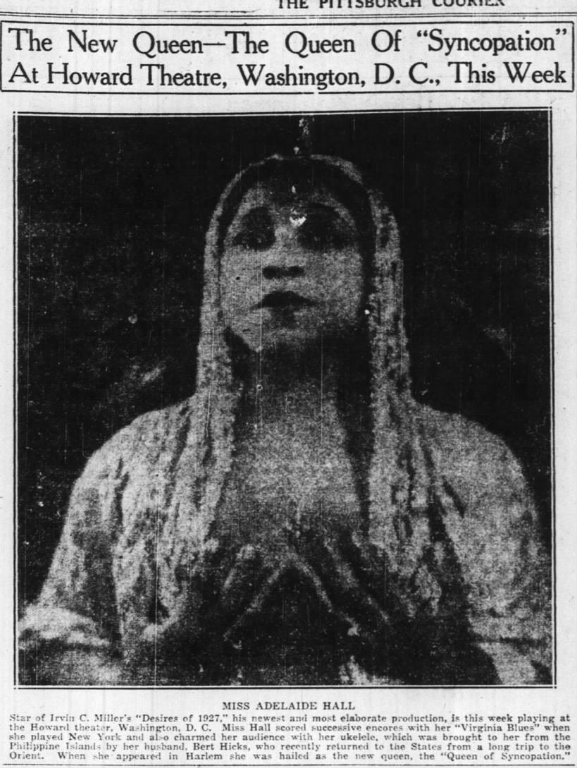 Newspaper clipping from the Pittsburgh Courier in November 1926 announcing Adelaide Hall as the New Queen of Syncopation at the Howard Theatre, Washington, DC, with a head-and-shoulders portrait of Hall.