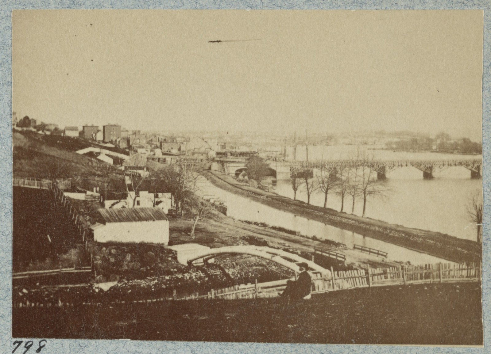 The Aqueduct Bridge carrying Chesapeake and Ohio Canal boats across the Potomac River at Georgetown in the 1860s