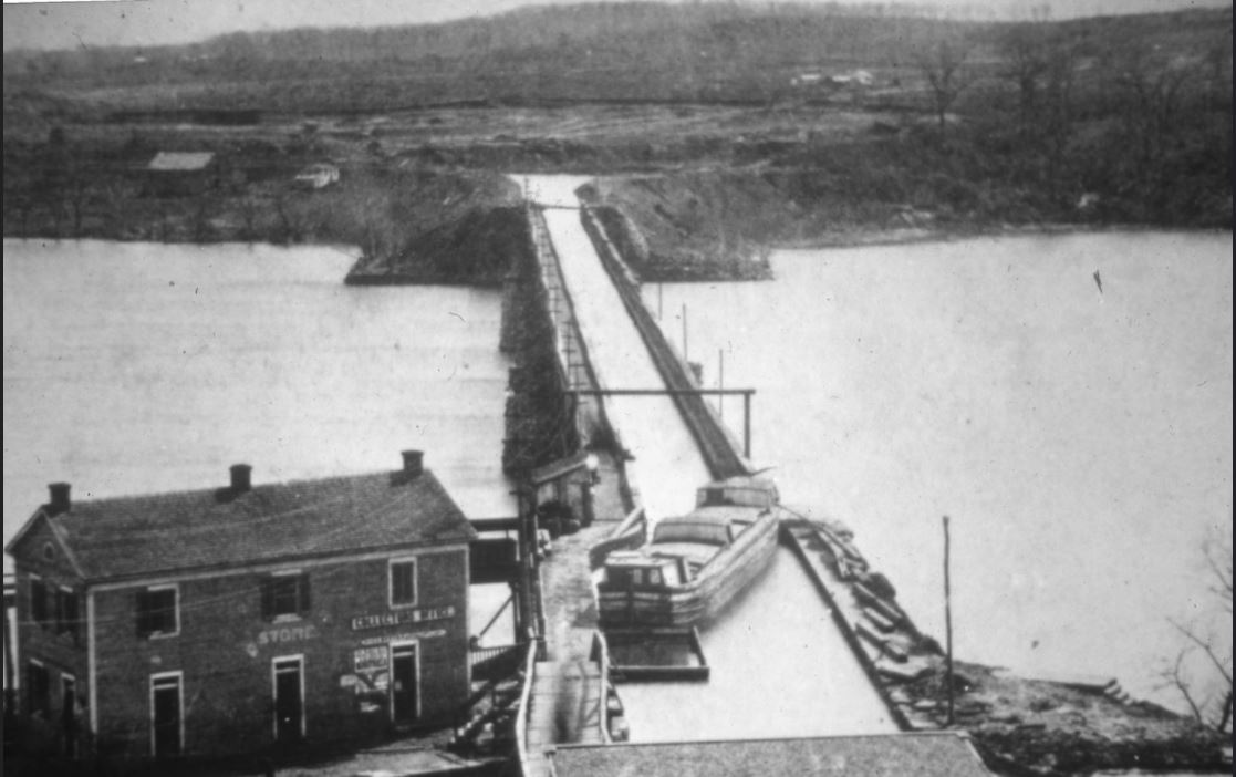 The Aqueduct Bridge seen from the Virginia shore at Rosslyn in 1885