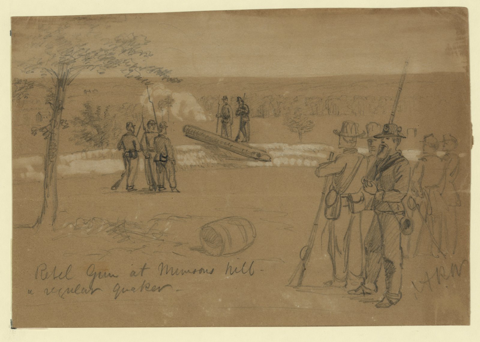 An 1861 pencil sketch of a Quaker gun, a log made to look like a cannon, at the Confederate works on Munson's Hill